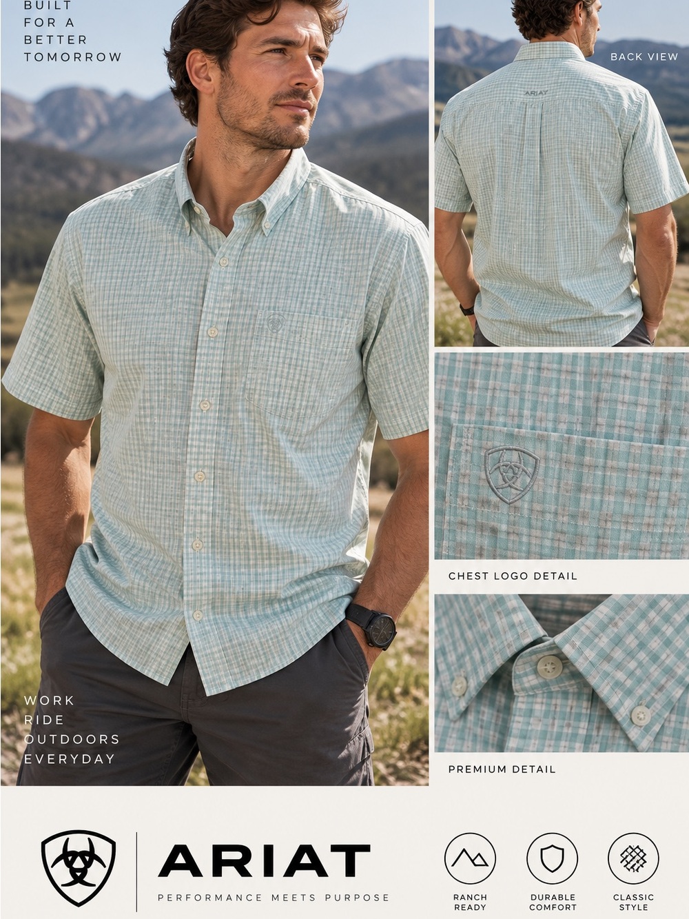 Ariat Men’s Short Sleeve Button-Down Shirt in Mint Plaid large tall